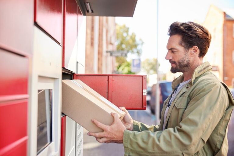 Man removing a parcel from a pickup station